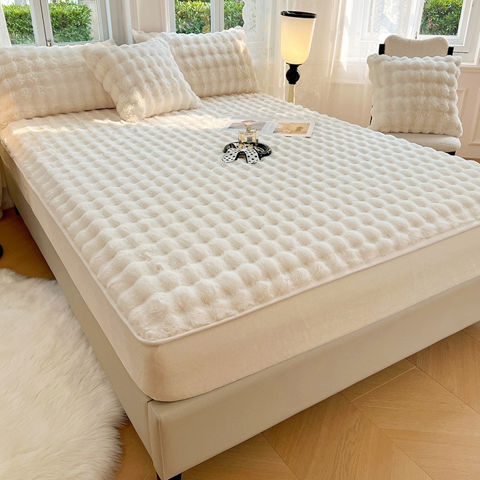 91家纺网 家纺一手货源 找家纺 梦舒羽 2025新款兔毛绒床笠水晶绒床垫保护套牛奶绒床垫套 晨曦白