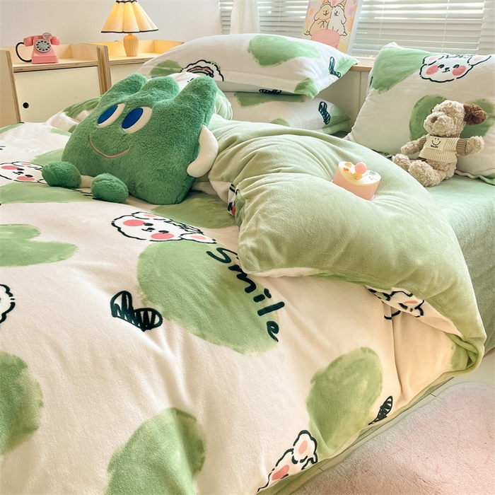 91家纺网 家纺一手货源 找家纺 （总）2024新款A类AB版加厚保暖双面牛奶绒印花四件套--小清新系列