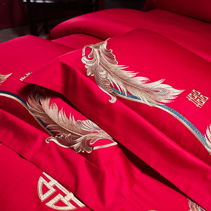91家纺网 家纺一手货源 找家纺 2025新款长绒棉长绒棉贡缎提花款新中式古典韵味精美刺绣婚庆四件套多件套 龙凤吉祥