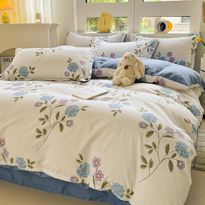 91家纺网 家纺一手货源 找家纺 韩后家纺 2025新款全棉AB版磨毛印花四件套 梦幻花语 蓝