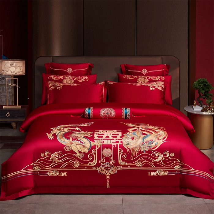 91家纺网 家纺一手货源 找家纺 宏羽纺家纺 2024新款13372纯棉婚庆套件系列 龙凤美满