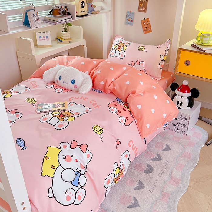 91家纺网 家纺一手货源 找家纺 卡斯诺家纺馆 2025新款芦荟棉宿舍床上下铺三件套 顽皮猫咪