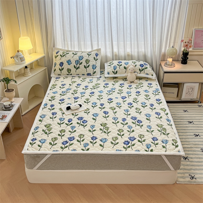 91家纺网 家纺一手货源 找家纺 启程家纺 2024新款A类印花牛奶绒床垫加厚绒保暖床护垫 蓝郁