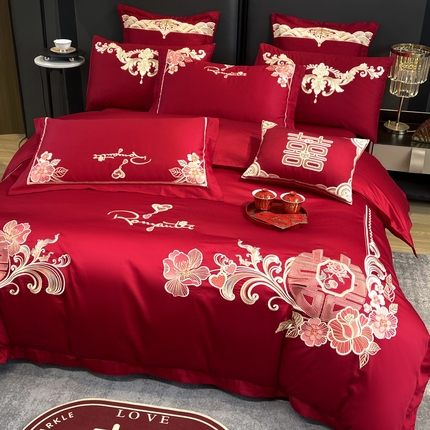 91家纺网 家纺一手货源 找家纺 芊囍纺 2024新款亲肤双面磨毛刺绣款婚庆四件套 花语