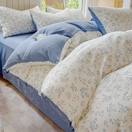 91家纺网 家纺一手货源 找家纺 晚爱家纺 2024新款A类有氧提花彩竺棉小竺棉四件套 田园兔