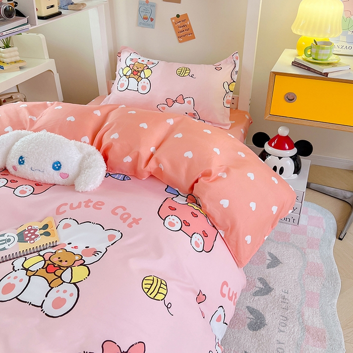 91家纺网 家纺一手货源 找家纺 卡斯诺家纺馆 2025新款芦荟棉宿舍床上下铺三件套 顽皮猫咪