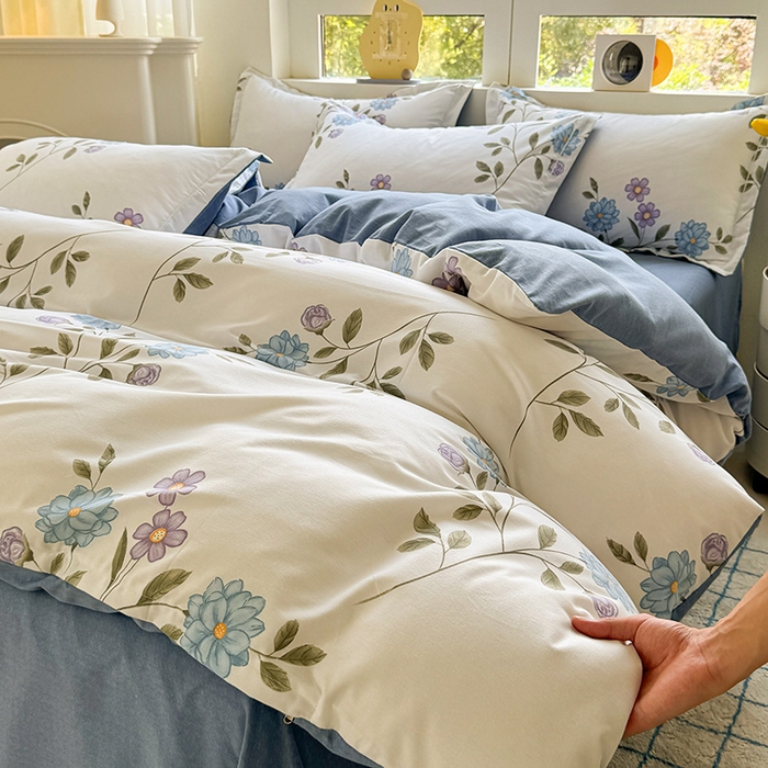 91家纺网 家纺一手货源 找家纺 韩后家纺 2025新款全棉AB版磨毛印花四件套 梦幻花语 蓝