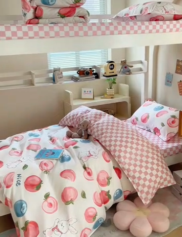 91家纺网 家纺一手货源 找家纺 卡斯诺家纺馆 2025新款芦荟棉宿舍床上下铺三件套 甜蜜兔