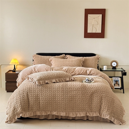 91家纺网 家纺一手货源 找家纺 2024秋冬新款韩版兔毛拼接四件套 卡其色