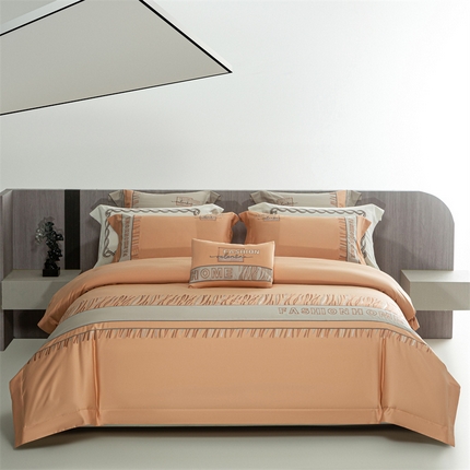 91家纺网 家纺一手货源 找家纺 2025新款长绒棉高端绣花四件套-奥罗卡 奥罗卡-南瓜橘