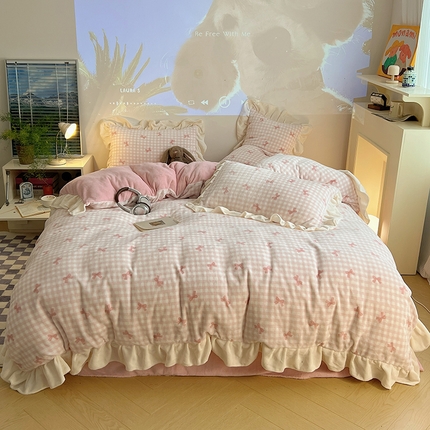 桃子家居 2024新款A类ins韩版花边少女心加厚牛奶绒四件套 绒-花边奶油蝴蝶结粉