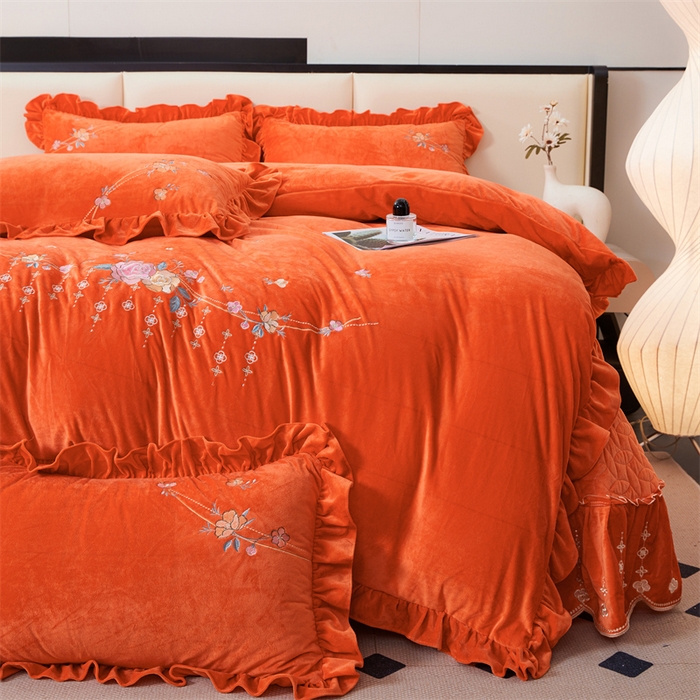 91家纺网 家纺一手货源 找家纺 2024秋冬新款茉含宝宝绒公主风四件套 美人橙-