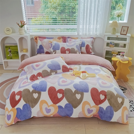 锦罗绣 2024新款A类高克重牛奶绒印花四件套 爱心