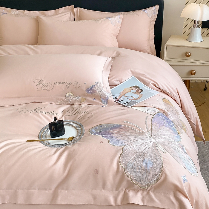 91家纺网 家纺一手货源 找家纺 理想家家纺 2024新款13372全棉刺绣四件套系列-梦蝶 粉