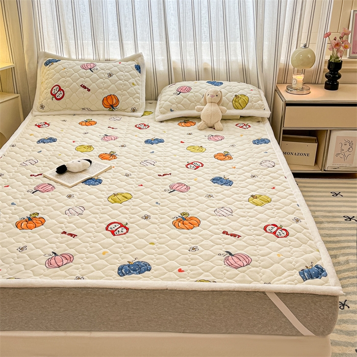 91家纺网 家纺一手货源 找家纺 启程家纺 2024新款A类印花牛奶绒床垫加厚绒保暖床护垫 七彩南瓜