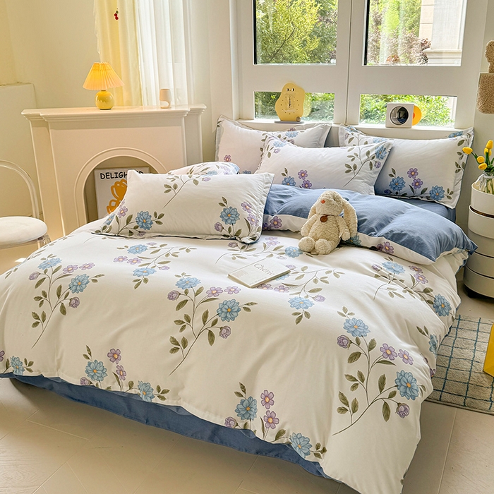 91家纺网 家纺一手货源 找家纺 韩后家纺 2025新款全棉AB版磨毛印花四件套 梦幻花语 蓝