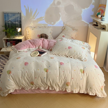 桃子家居 2024新款A类ins韩版花边少女心加厚牛奶绒四件套 绒-花边炫彩草莓