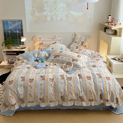 桃子家居 2024新款A类ins韩版花边少女心加厚牛奶绒四件套 绒-花边可可熊