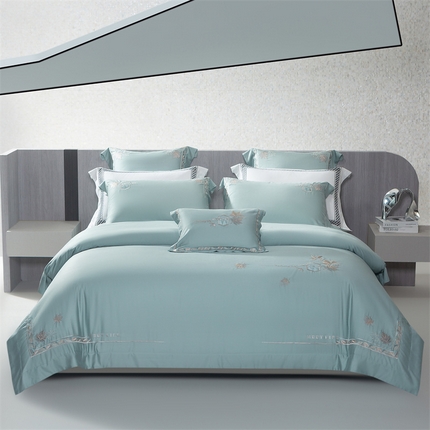 91家纺网 家纺一手货源 找家纺 2025新款磨毛绣花四件套-枫叶情 枫叶情-极光蓝