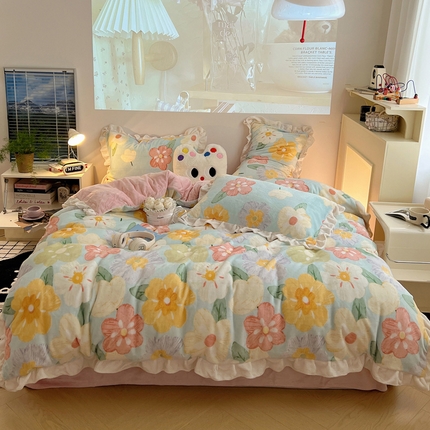 桃子家居 2024新款A类ins韩版花边少女心加厚牛奶绒四件套 绒-花边花儿多多