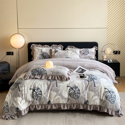 2024新款AB版兔毛绒韩版四件套 枫叶-浅咖