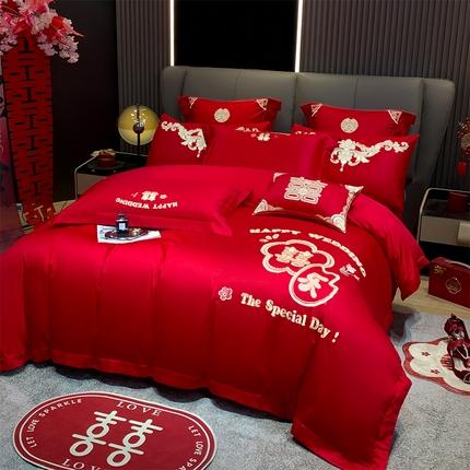 91家纺网 家纺一手货源 找家纺 （总）芊囍纺 2024新款亲肤双面磨毛刺绣款婚庆四件套