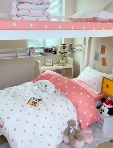 91家纺网 家纺一手货源 找家纺 卡斯诺家纺馆 2025新款芦荟棉宿舍床上下铺三件套 甜心-粉