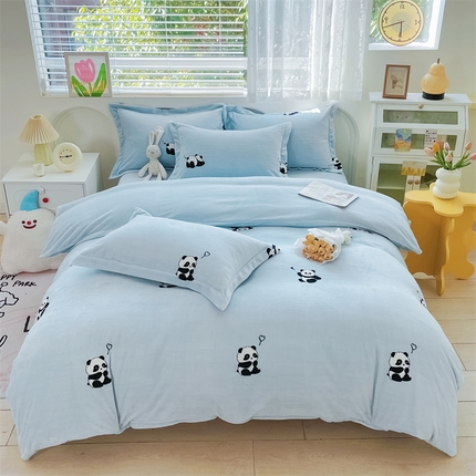 锦罗绣 2024新款A类高克重牛奶绒印花四件套 熊猫崽崽