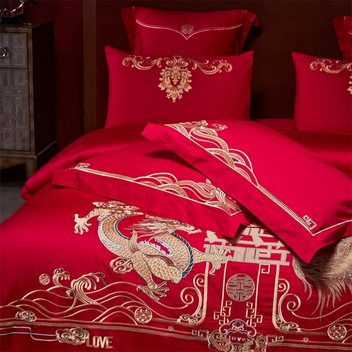 91家纺网 家纺一手货源 找家纺 宏羽纺家纺 2024新款13372纯棉婚庆套件系列 龙凤美满