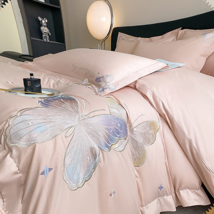 91家纺网 家纺一手货源 找家纺 理想家家纺 2024新款13372全棉刺绣四件套系列-梦蝶 粉