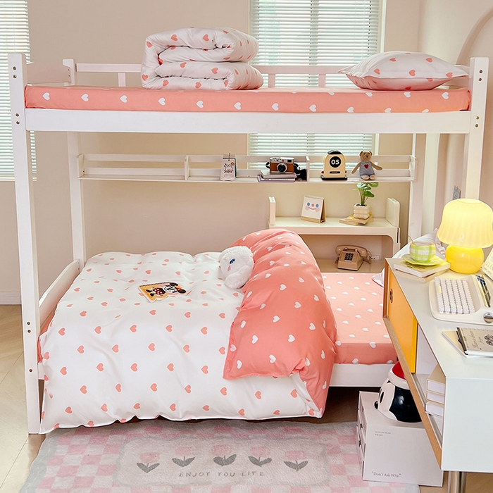 91家纺网 家纺一手货源 找家纺 卡斯诺家纺馆 2025新款芦荟棉宿舍床上下铺三件套 甜心-粉