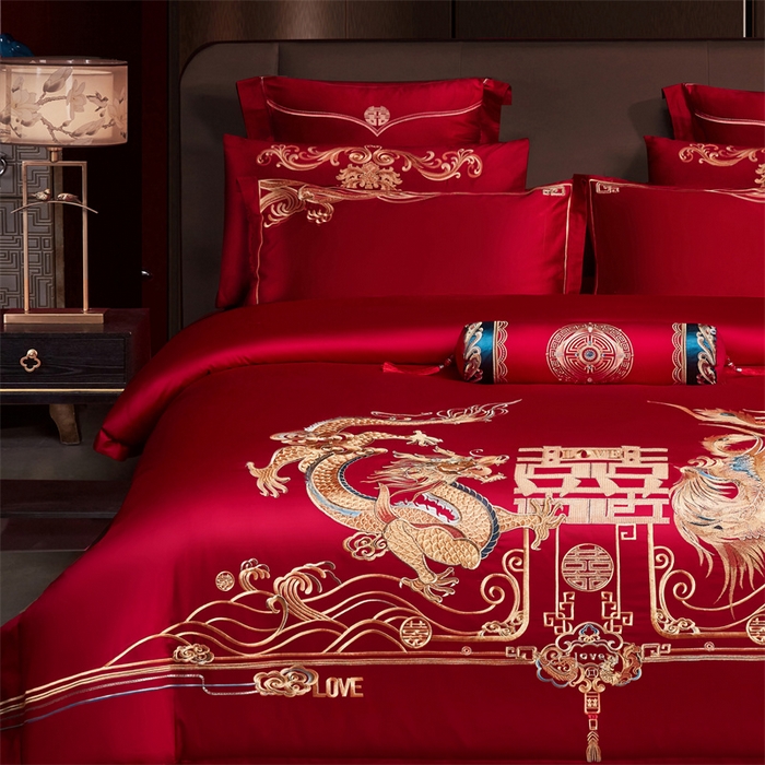 91家纺网 家纺一手货源 找家纺 宏羽纺家纺 2024新款13372纯棉婚庆套件系列 龙凤美满