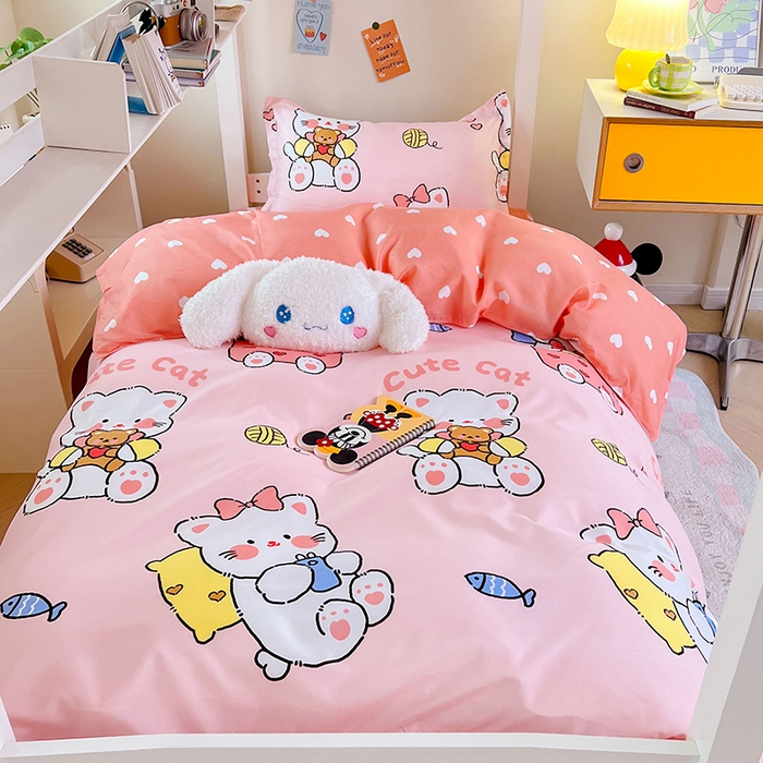 91家纺网 家纺一手货源 找家纺 卡斯诺家纺馆 2025新款芦荟棉宿舍床上下铺三件套 顽皮猫咪