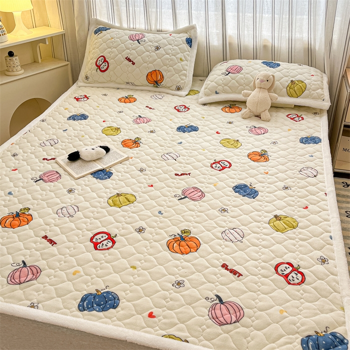 91家纺网 家纺一手货源 找家纺 启程家纺 2024新款A类印花牛奶绒床垫加厚绒保暖床护垫 七彩南瓜