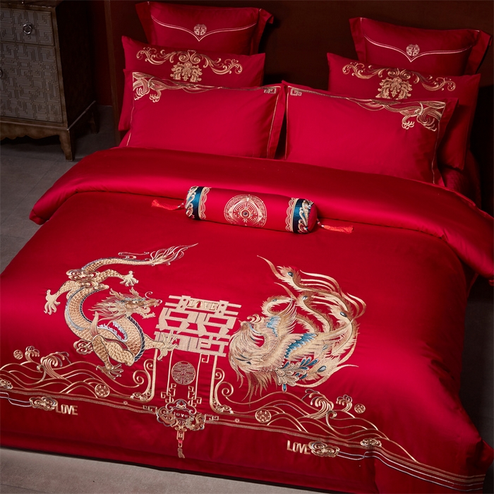 91家纺网 家纺一手货源 找家纺 宏羽纺家纺 2024新款13372纯棉婚庆套件系列 龙凤美满