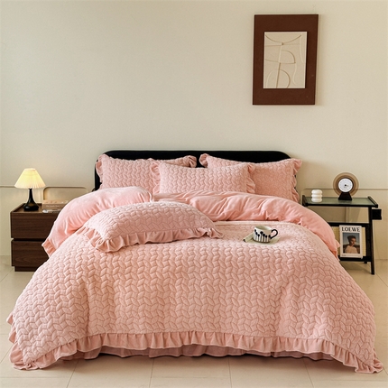 91家纺网 家纺一手货源 找家纺 2024秋冬新款韩版兔毛拼接四件套 香妃粉