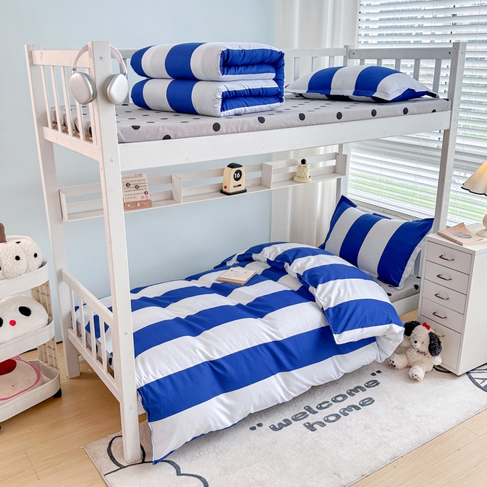 91家纺网 家纺一手货源 找家纺 卡斯诺家纺馆 2025新款芦荟棉宿舍床上下铺三件套 曲调-蓝