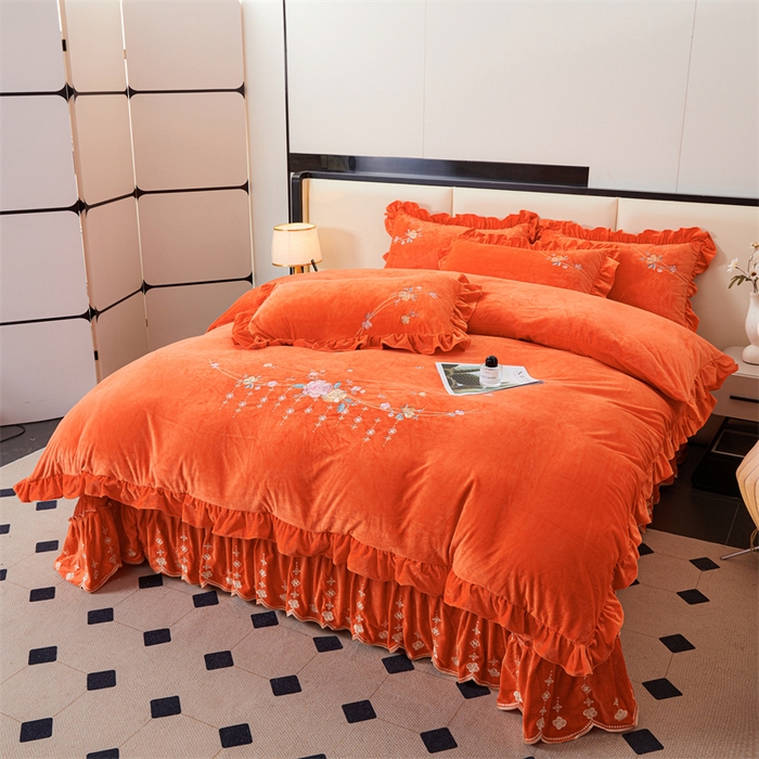 91家纺网 家纺一手货源 找家纺 2024秋冬新款茉含宝宝绒公主风四件套 美人橙-