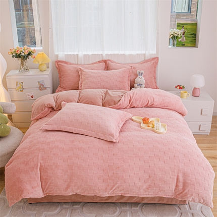 锦罗绣 2024新款全消光230克牛奶绒烂花绒提花四件套 方块-粉