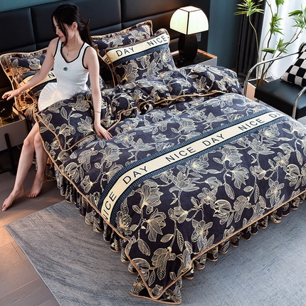 91家纺网 家纺一手货源 找家纺 千嘻汇 2025新款8斤牛奶绒金貂法莱绒床裙款保暖绒四件套 叶语