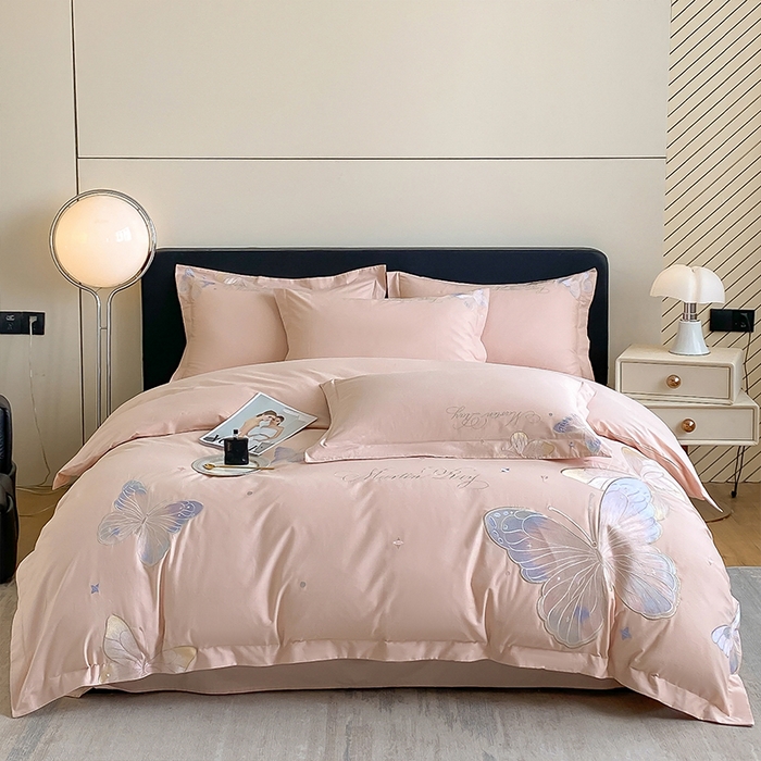 91家纺网 家纺一手货源 找家纺 理想家家纺 2024新款13372全棉刺绣四件套系列-梦蝶 粉