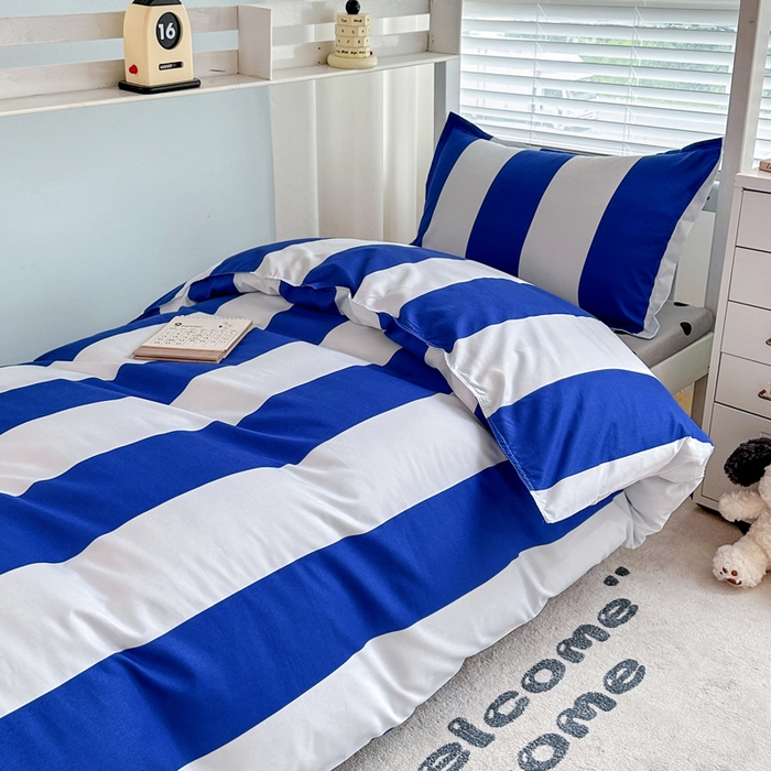 91家纺网 家纺一手货源 找家纺 卡斯诺家纺馆 2025新款芦荟棉宿舍床上下铺三件套 曲调-蓝