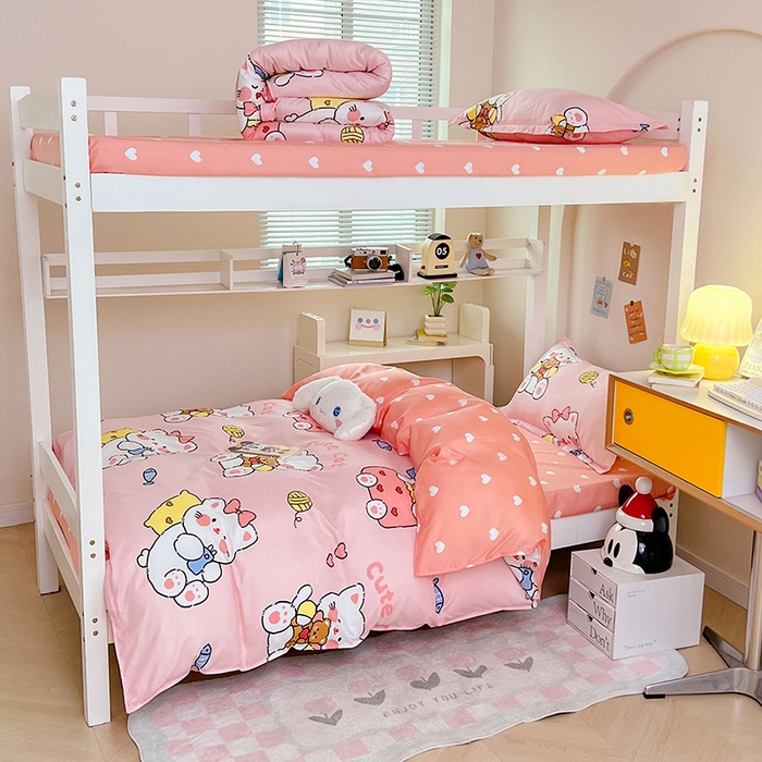 91家纺网 家纺一手货源 找家纺 卡斯诺家纺馆 2025新款芦荟棉宿舍床上下铺三件套 顽皮猫咪