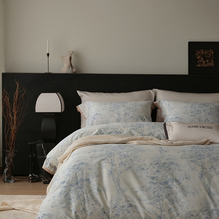 91家纺网 家纺一手货源 找家纺 2024新款知性简雅花卉肌理全棉四件套 时光馥语-时光蓝