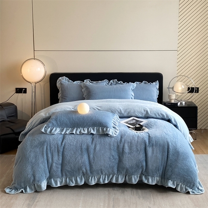 2024新款AB版兔毛绒韩版四件套 蓝灰