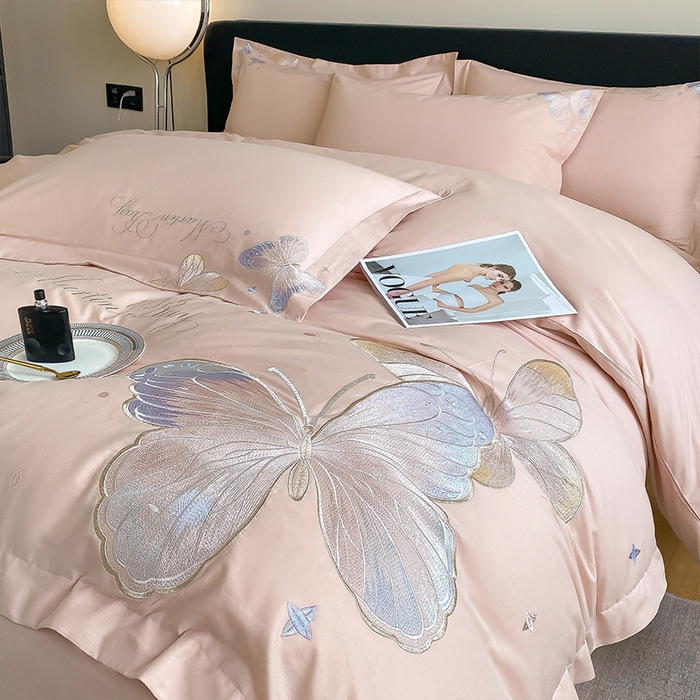 91家纺网 家纺一手货源 找家纺 理想家家纺 2024新款13372全棉刺绣四件套系列-梦蝶 粉