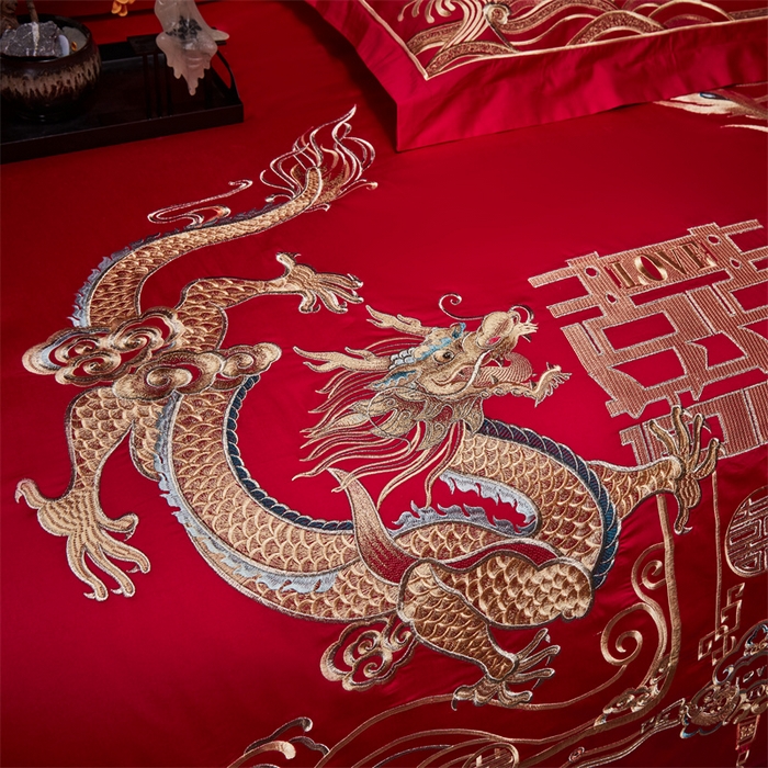 91家纺网 家纺一手货源 找家纺 宏羽纺家纺 2024新款13372纯棉婚庆套件系列 龙凤美满