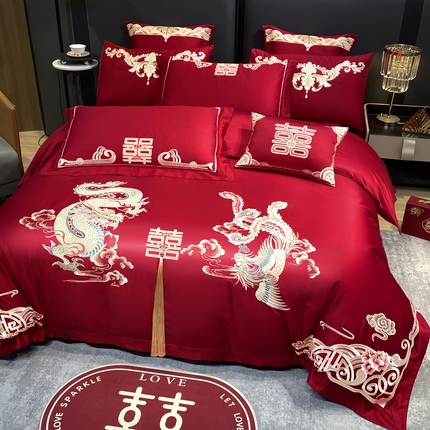 91家纺网 家纺一手货源 找家纺 芊囍纺 2024新款亲肤双面磨毛刺绣款婚庆四件套 鸾凤和鸣