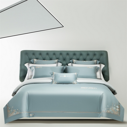 91家纺网 家纺一手货源 找家纺 2025新款AB版长绒棉高端绣花四件套-茜雅 茜雅-极光蓝