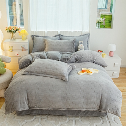 锦罗绣 2024新款全消光230克牛奶绒烂花绒提花四件套 方块-灰